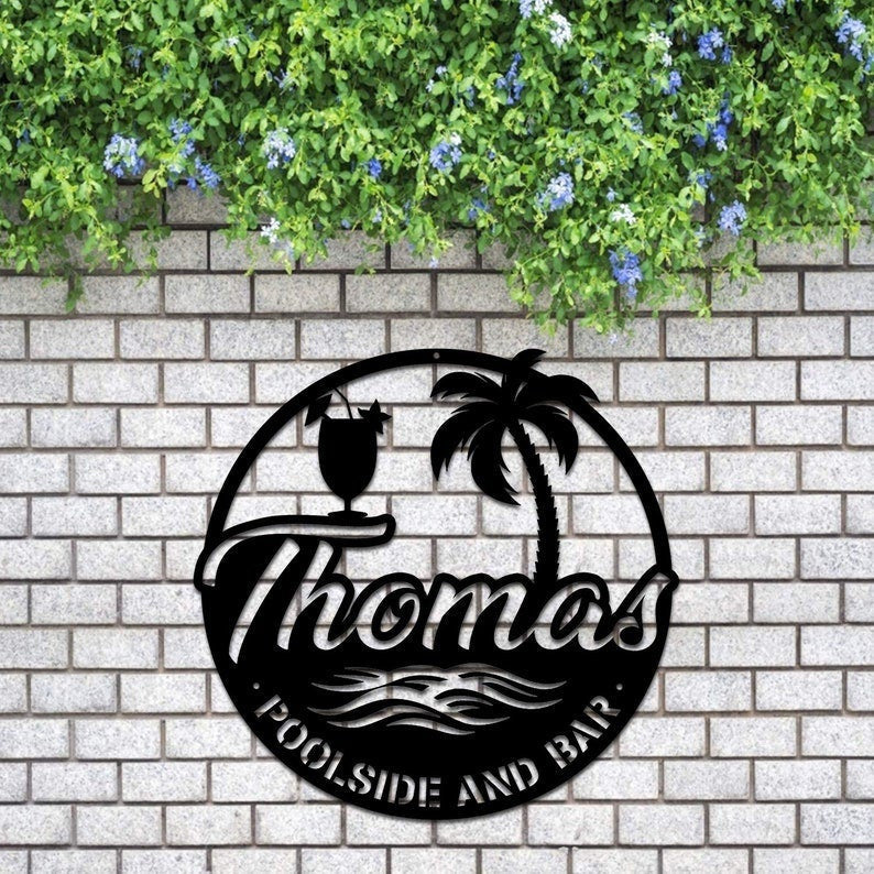 Personalized Poolside And Bar Metal Wall Custom Family Name Poolside Paradise Metal Wall Metal Swimming Pool Sign Pool