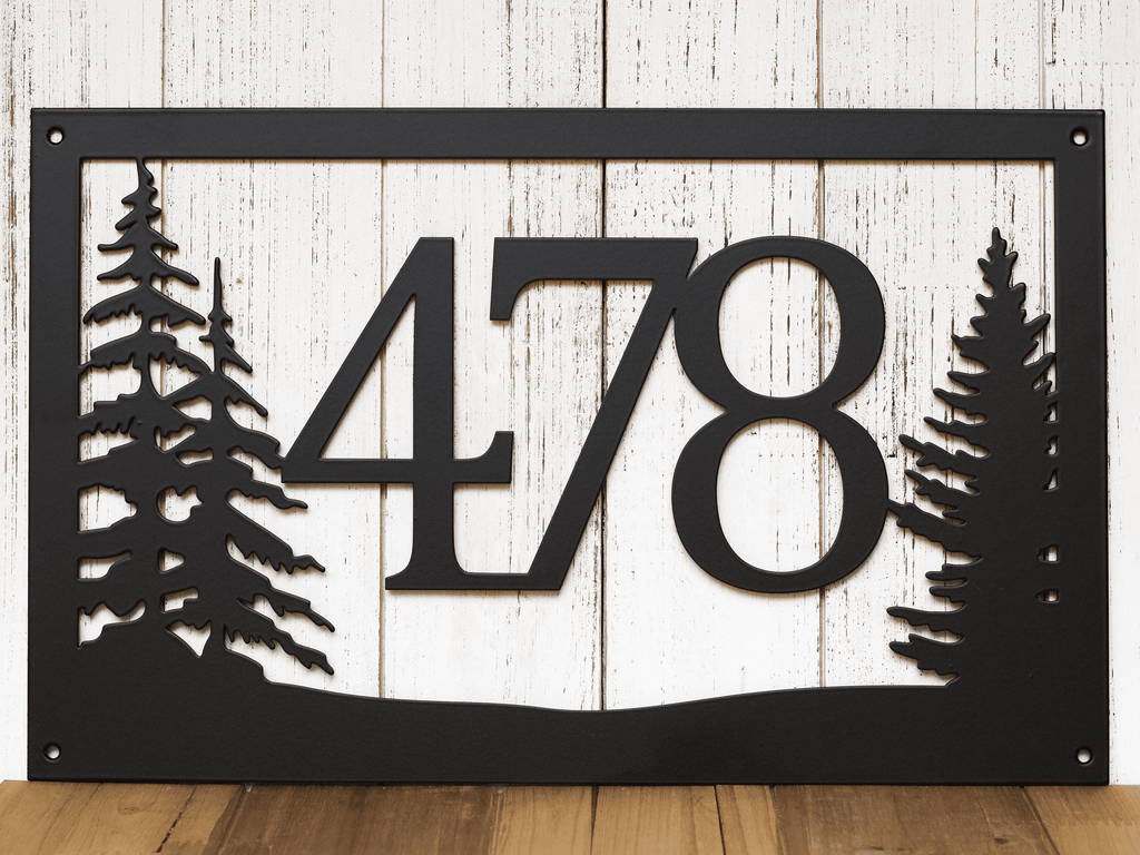 Rustic Metal House Number Sign With Pine Trees Address Plaque Cabin Signs Housewarming Gift Matte Black Shown