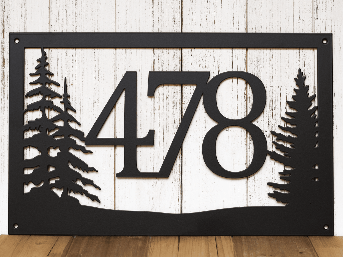 Rustic Metal House Number Sign With Pine Trees Address Plaque Cabin Signs Housewarming Gift Matte Black Shown