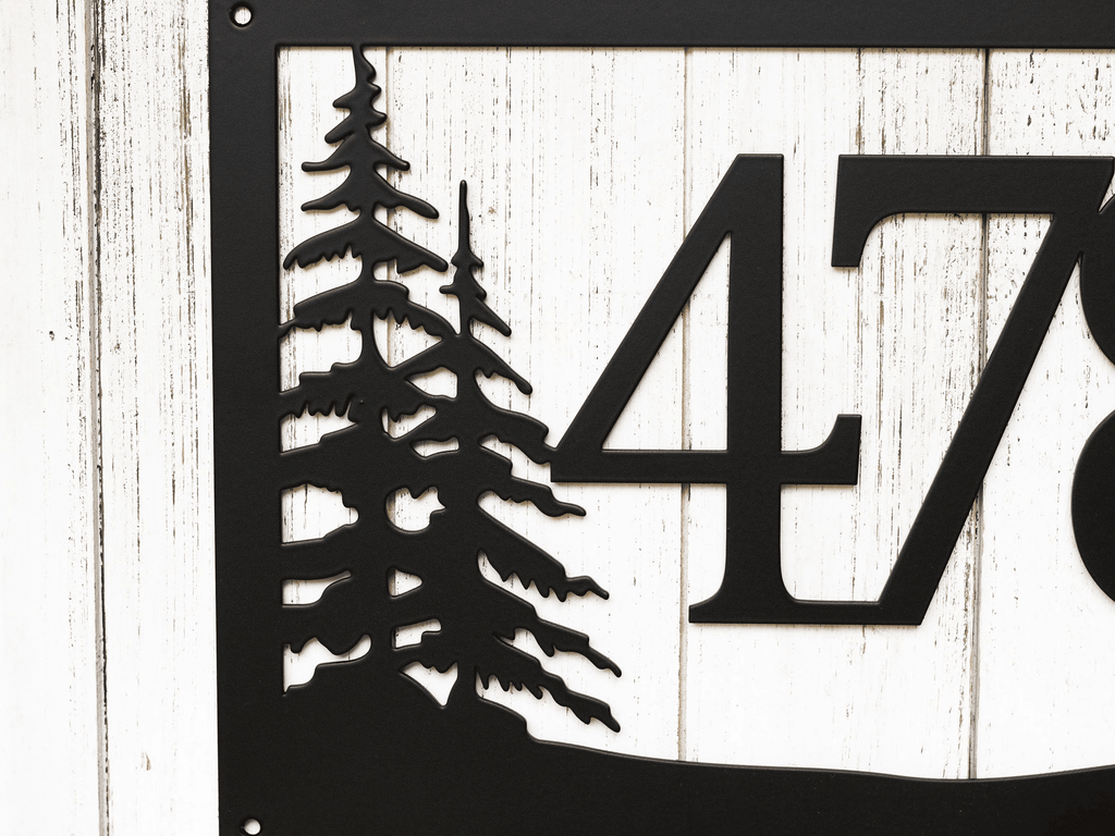 Rustic Metal House Number Sign With Pine Trees Address Plaque Cabin Signs Housewarming Gift Matte Black Shown
