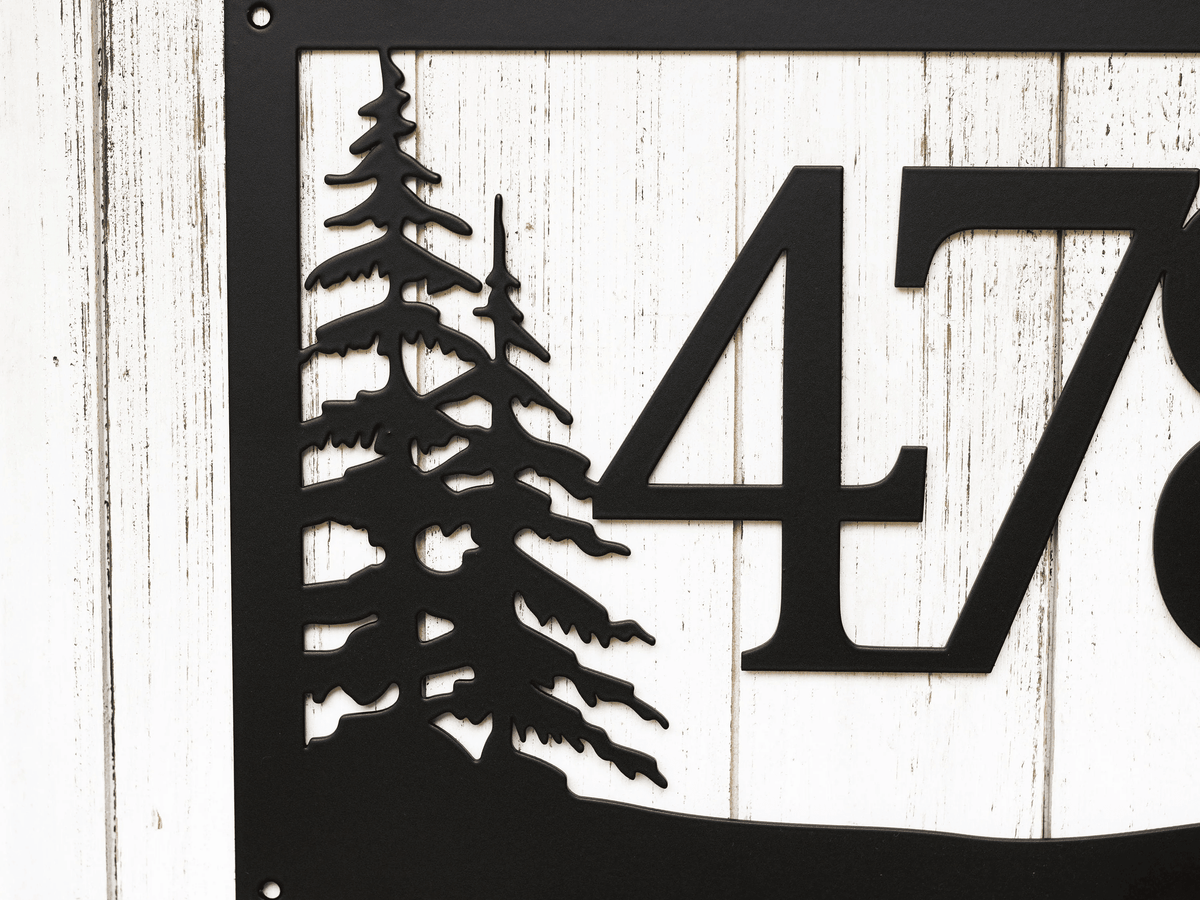 Rustic Metal House Number Sign With Pine Trees Address Plaque Cabin Signs Housewarming Gift Matte Black Shown