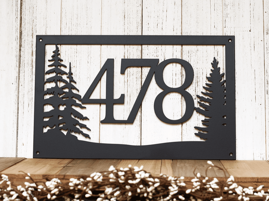 Rustic Metal House Number Sign With Pine Trees Address Plaque Cabin Signs Housewarming Gift Matte Black Shown