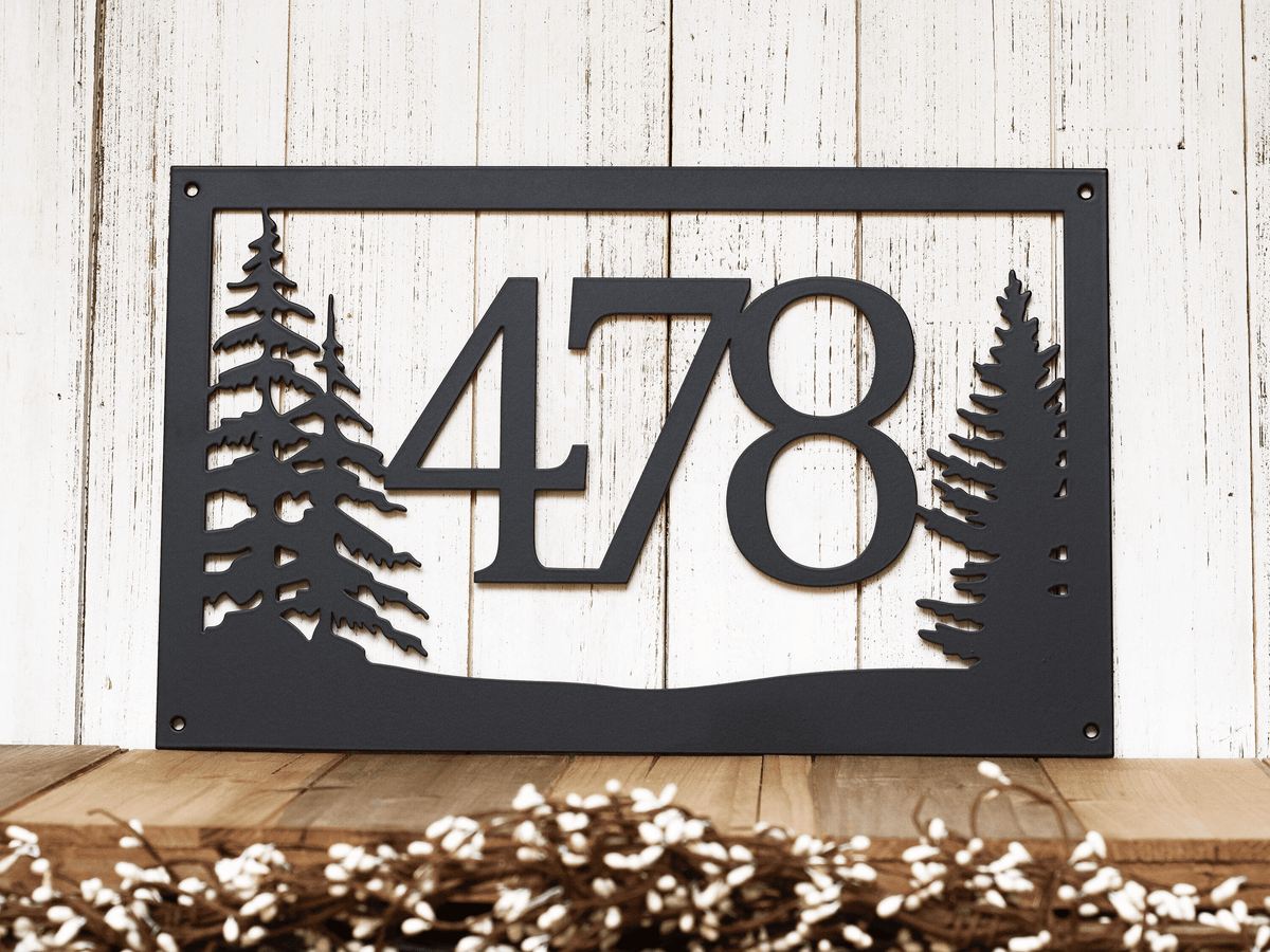 Rustic Metal House Number Sign With Pine Trees Address Plaque Cabin Signs Housewarming Gift Matte Black Shown