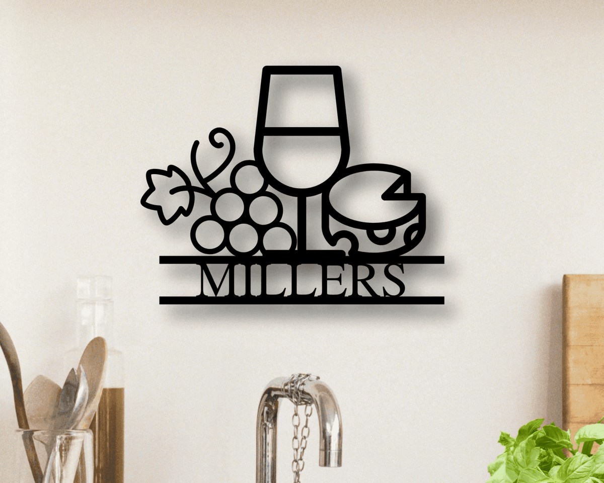 Metal Family Name Sign With Wine And Cheese Custom Wine Theme Sign Wine Sign Metal Family Name Sign With Wine Wine Lover