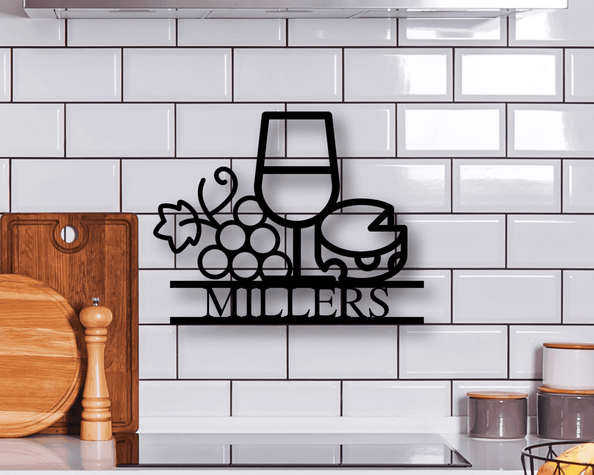 Metal Family Name Sign With Wine And Cheese Custom Wine Theme Sign Wine Sign Metal Family Name Sign With Wine Wine Lover