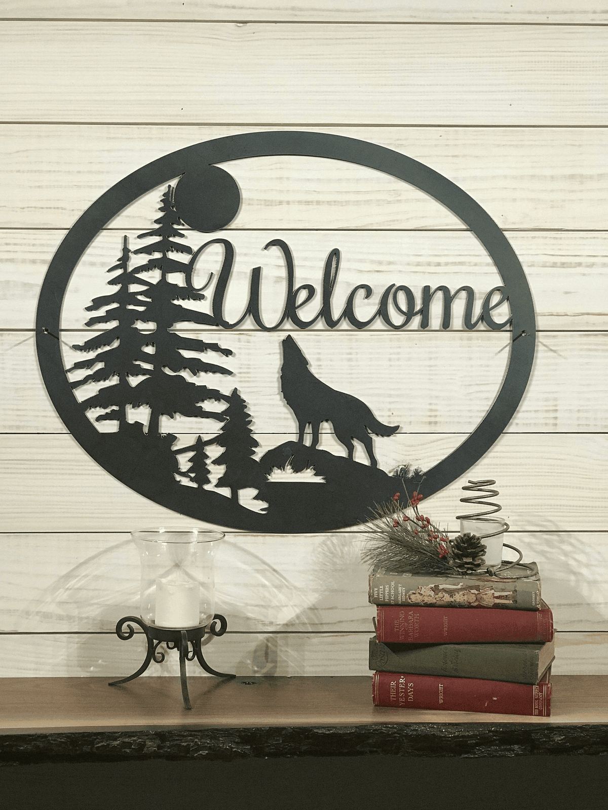Large Metal Wolf And Moon Welcome Sign - 36 Inch Rustic Metal Decor - Hunting Gift - Large Metal Sign