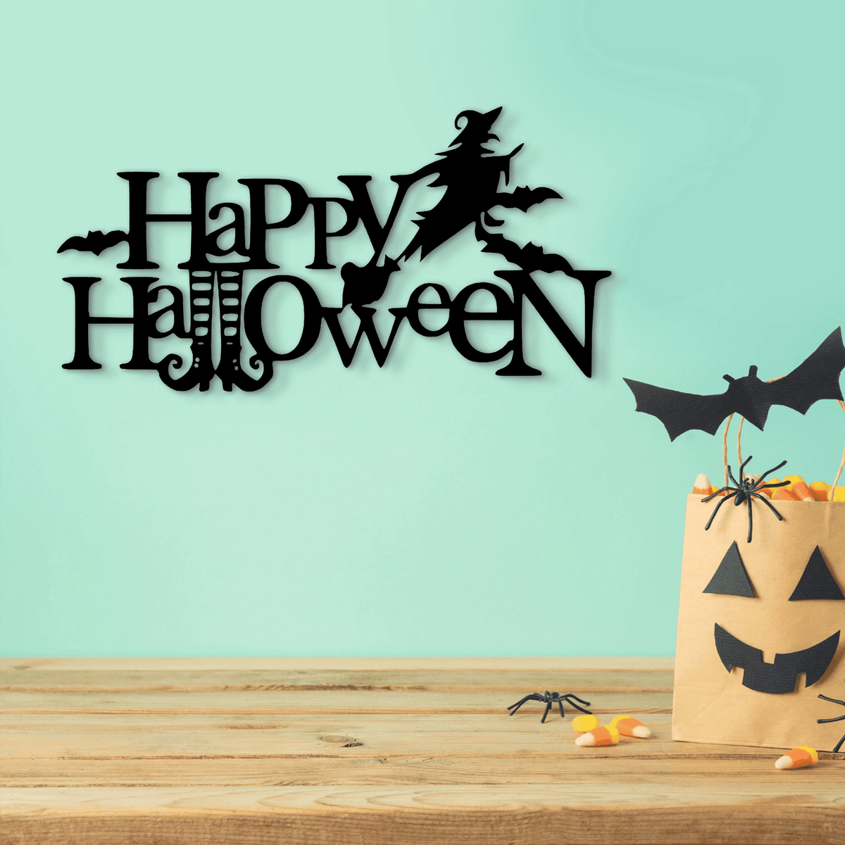 Happy Halloween Metal Sign Witch Sign Witch Broomstick Halloween Welcome Sign Halloween Decor Halloween Pumpkin Bat Sign