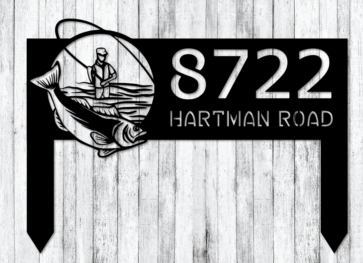 Fishing Address Sign Metal Hanging Address Sign Fishing Address Plaque Fisherman Decor Fisherman Gift Stakes Yard Sign