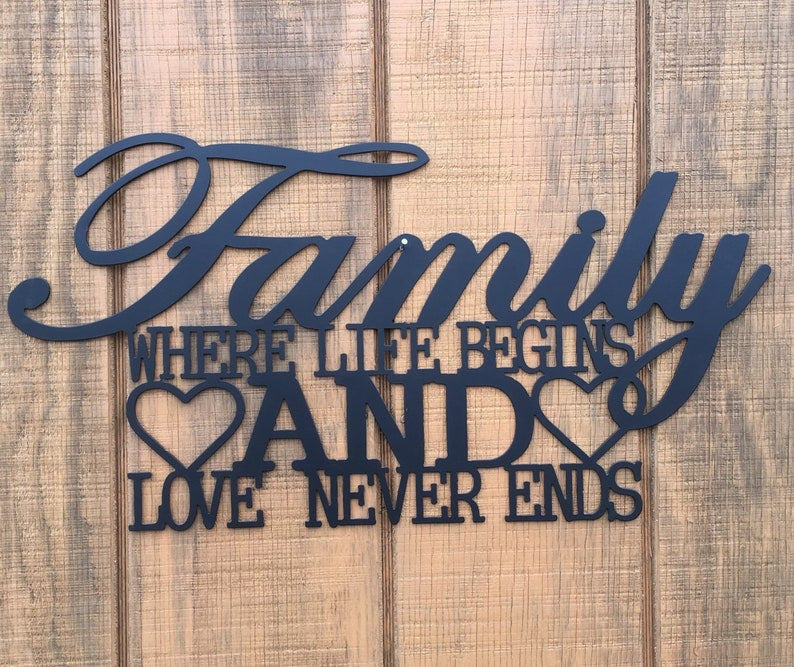 Family Where Life Begins And Love Never Ends Metal Monogram Metal Wall Decor Metal Quote Housewarming Gift Christmas