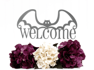 Halloween Bat Welcome Metal Sign - Silver Halloween Decor Halloween Bats Outdoor Sign Door Sign Wall Art
