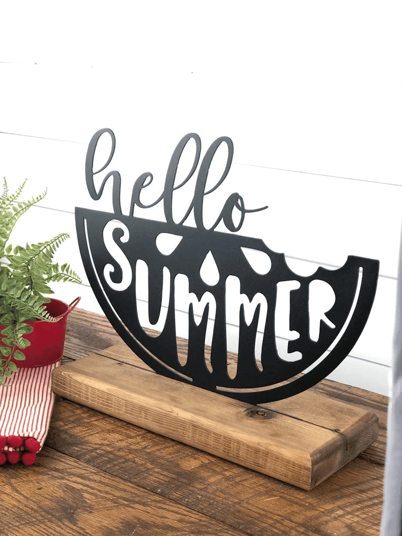 Hello Summer Watermelon Decor Summer Metal Sign Farmhouse Shelf Decor Metal Sign Housewarming Gift Rustic Metal And Wood