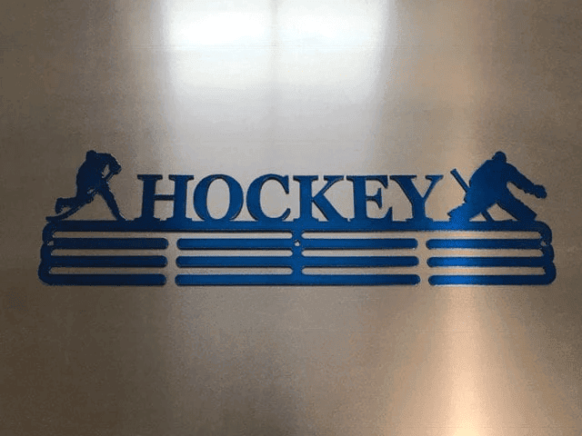 Hockey- Medal Hanger Holder Display Rack 3 Rung Cut Metal Sign Metal Wall Art