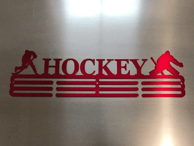 Hockey- Medal Hanger Holder Display Rack 3 Rung Cut Metal Sign Metal Wall Art