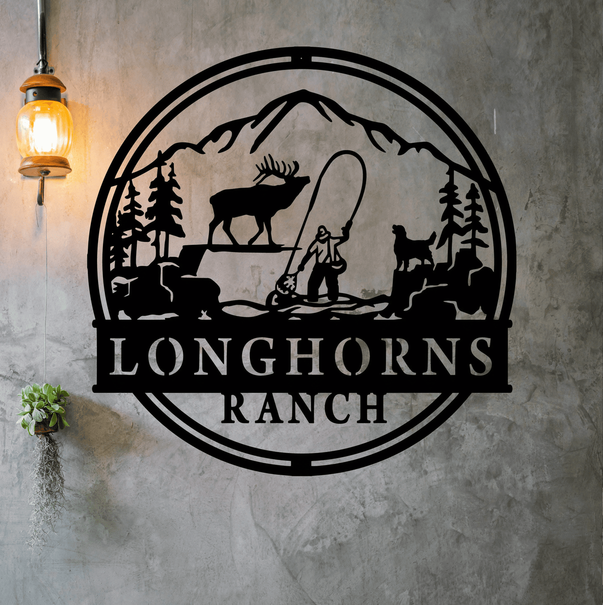 Landscape Fisherman Hunting Dog Elk Fishing Wild Mountains Metal Art Decor Wall Art Metal Cut