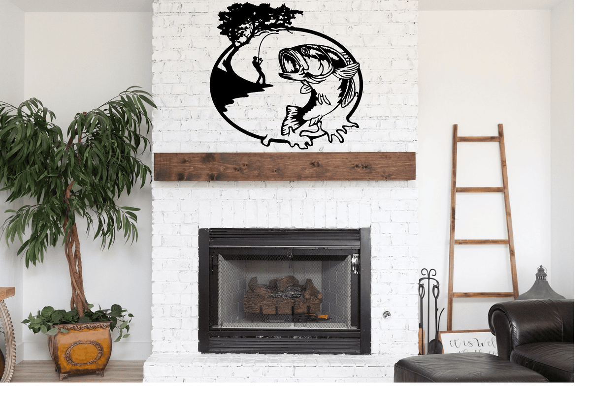 Large Mouth Bass Fishing Scene Metal Sign Cutout Cut Metal Sign Wall Metal Art