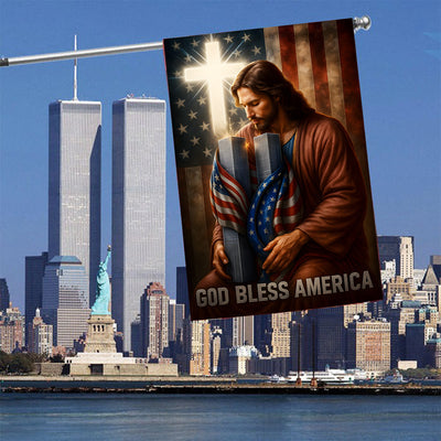 God Bless America Jesus Flag, 9/11 Memorial Twin Towers Garden Banner, Christian Patriotic Outdoor Decor