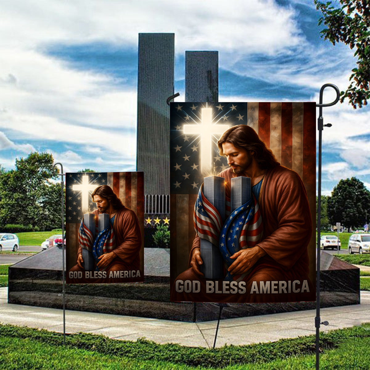 God Bless America Jesus Flag, 9/11 Memorial Twin Towers Garden Banner, Christian Patriotic Outdoor Decor