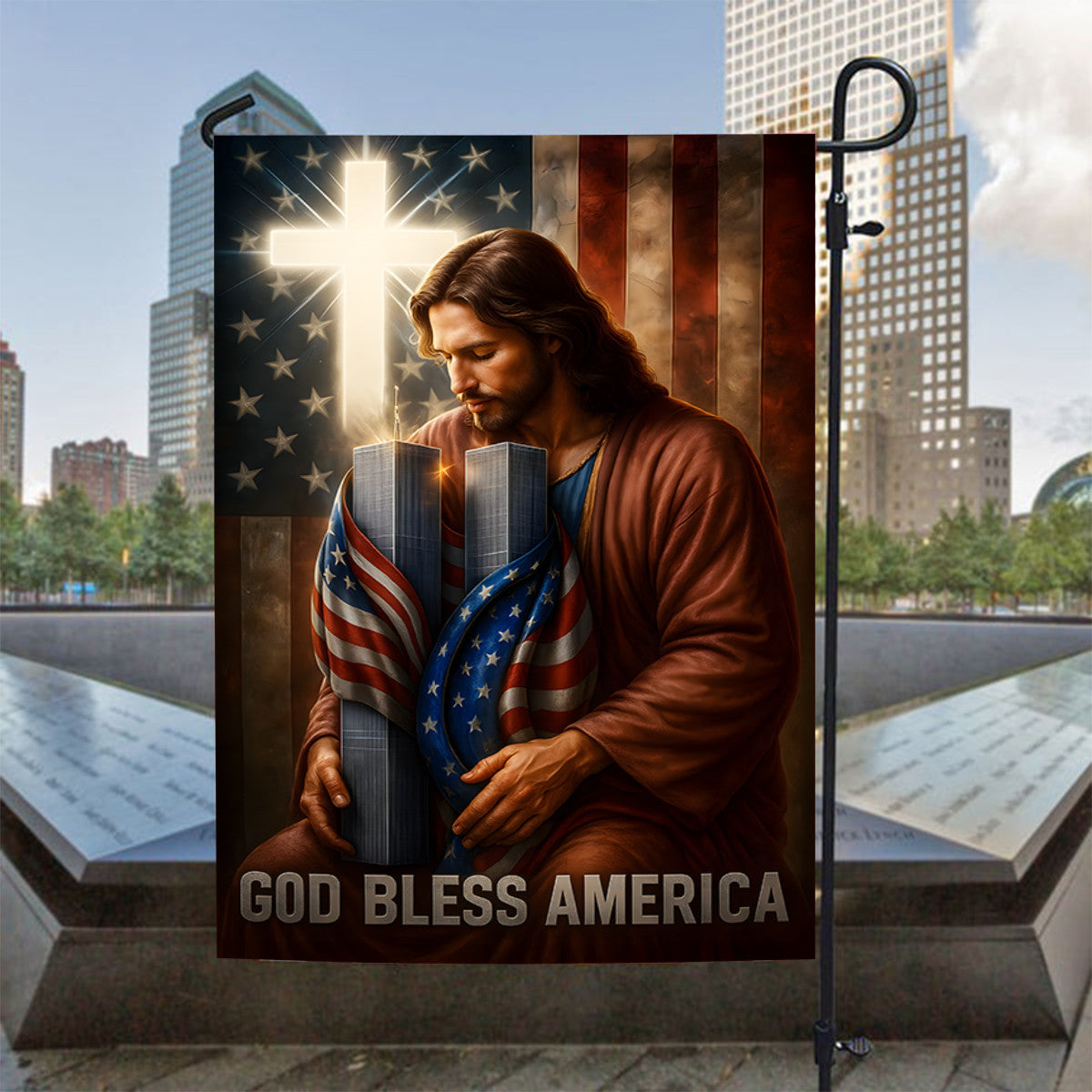 God Bless America Jesus Flag, 9/11 Memorial Twin Towers Garden Banner, Christian Patriotic Outdoor Decor
