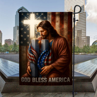 God Bless America Jesus Flag, 9/11 Memorial Twin Towers Garden Banner, Christian Patriotic Outdoor Decor