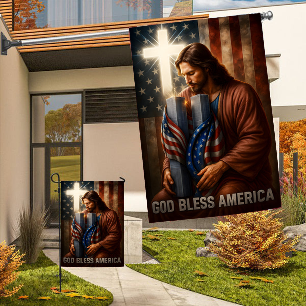 God Bless America Jesus Flag, 9/11 Memorial Twin Towers Garden Banner, Christian Patriotic Outdoor Decor