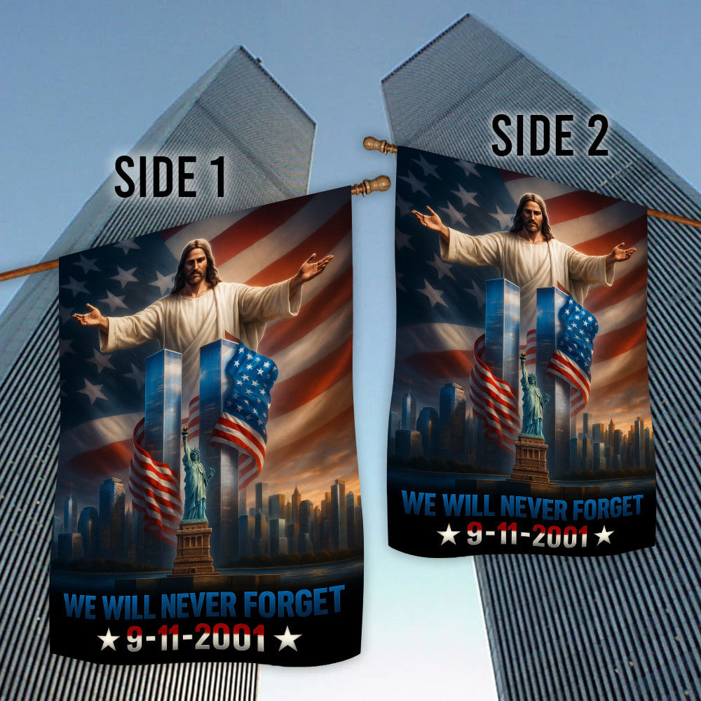 9/11 Memorial Garden Flag, Jesus, Twin Towers, Statue of Liberty, American Flag, American Memorial Yard Decor