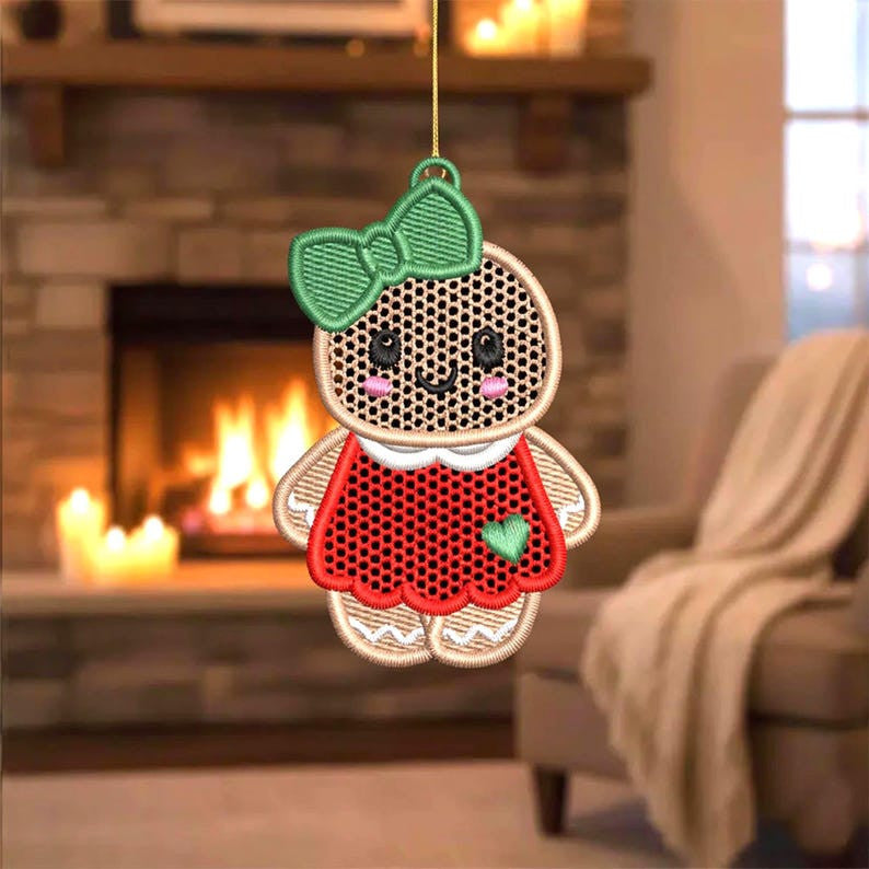 Gingerbread Girl Ornament, Christmas Ornament Gift Decoration, Holiday Embroidery Ornament, Christmas Gift for Family