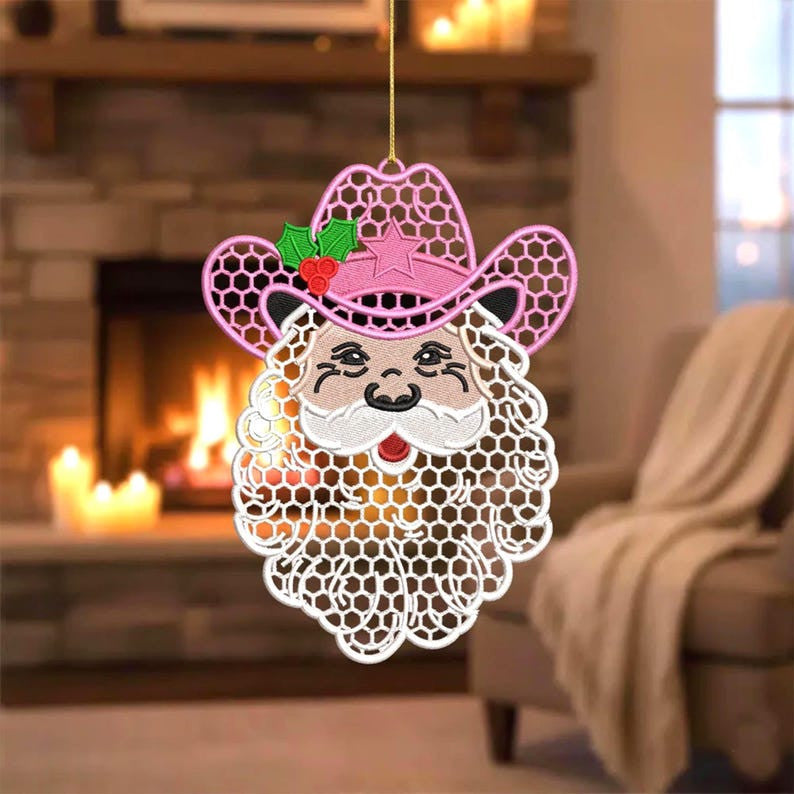 FSL Cowboy Santa Christmas, Christmas Santa Decoration, Embroidered Ornament Gift for Mom, Christmas Decor