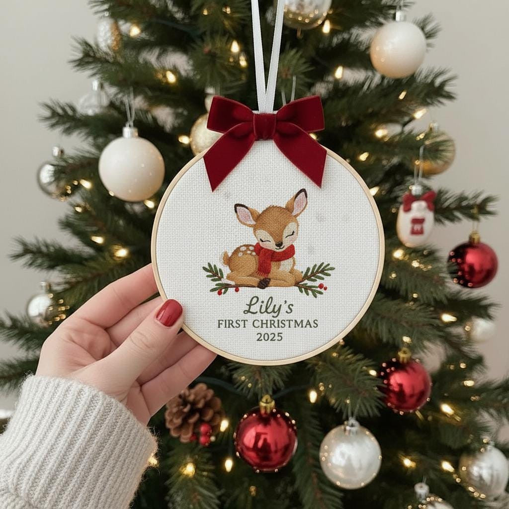 Personalized Baby's First Christmas Embroidered Ornament, Custom Name Keepsake, Handmade Holiday Decor For Christmas 2025