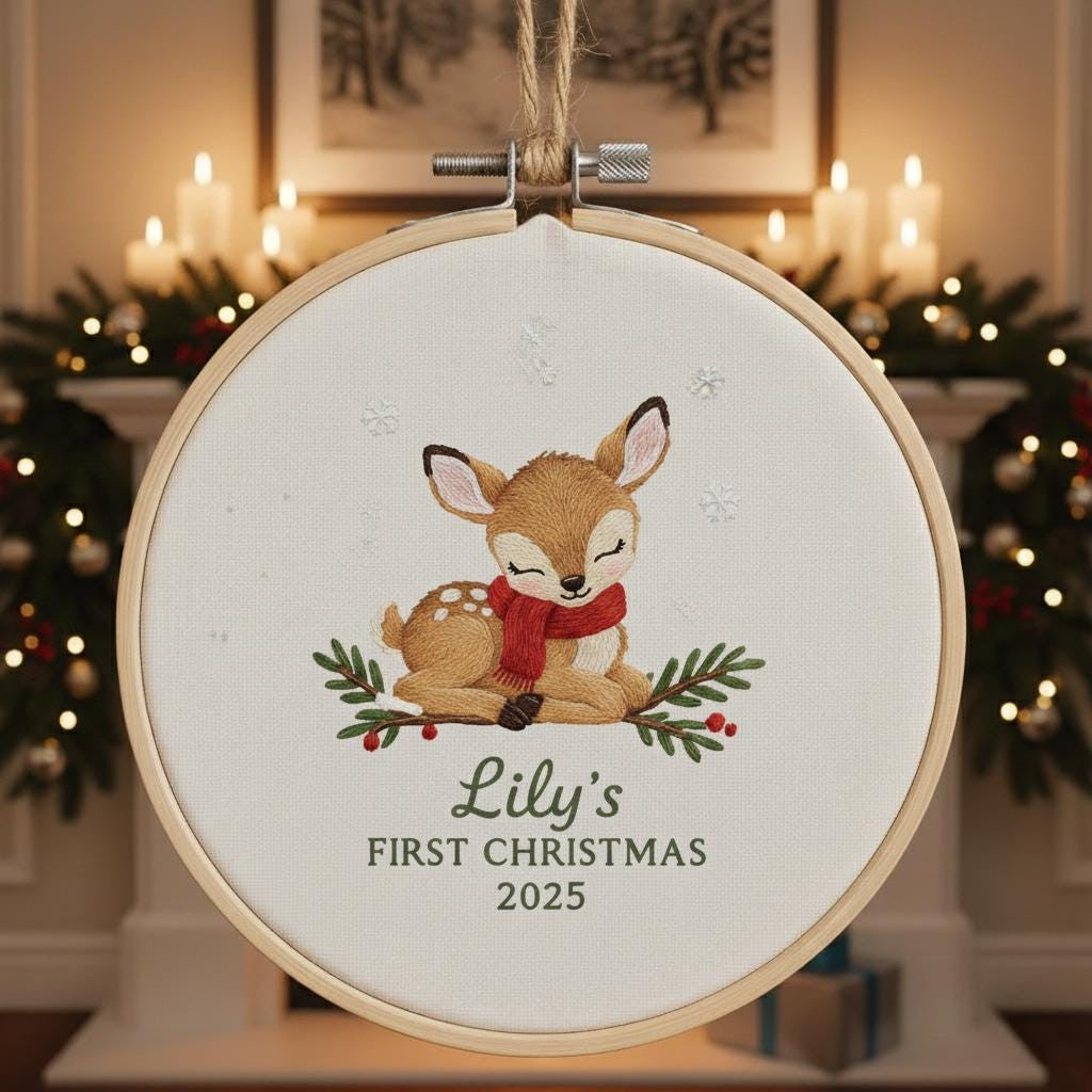 Personalized Baby's First Christmas Embroidered Ornament, Custom Name Keepsake, Handmade Holiday Decor For Christmas 2025