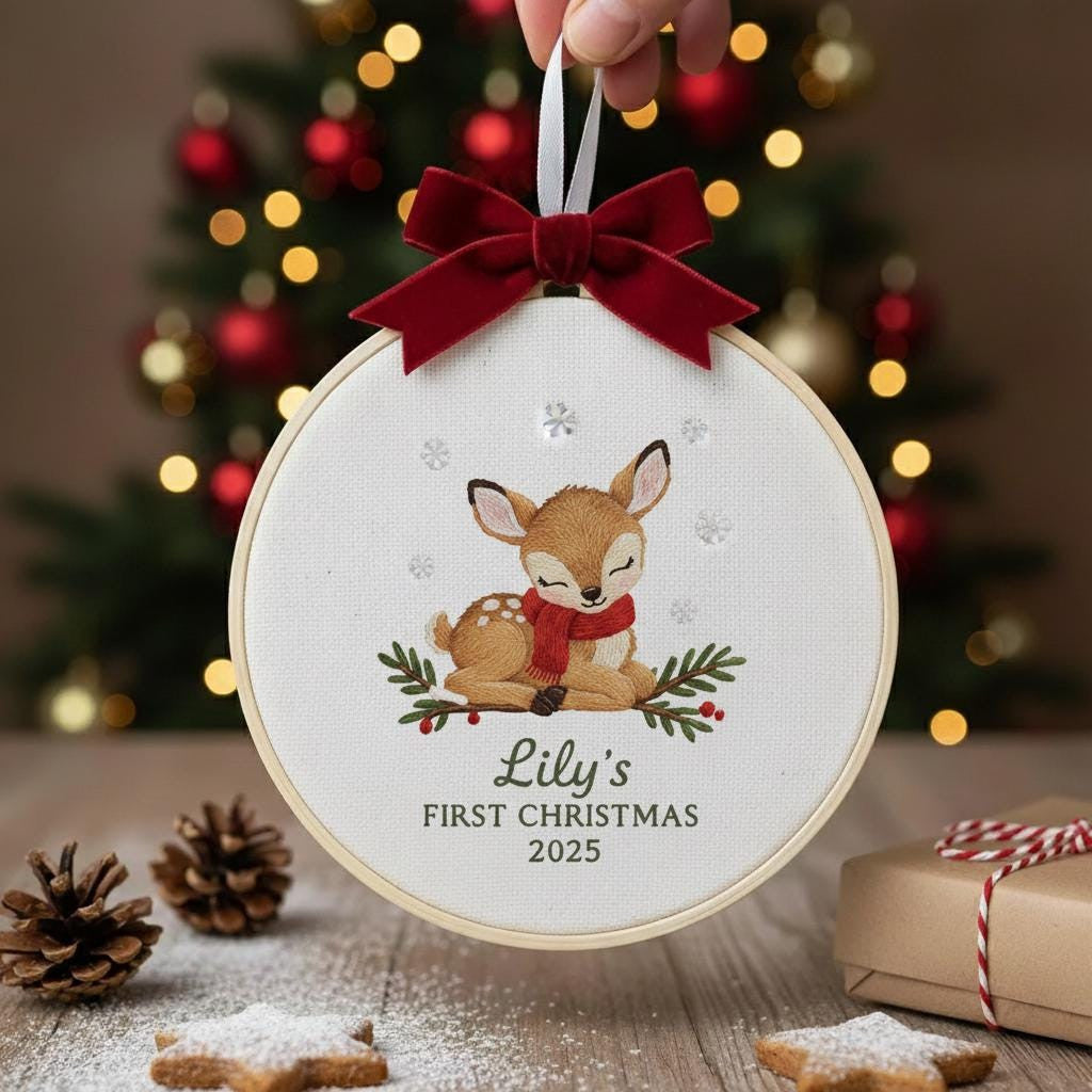 Personalized Baby's First Christmas Embroidered Ornament, Custom Name Keepsake, Handmade Holiday Decor For Christmas 2025