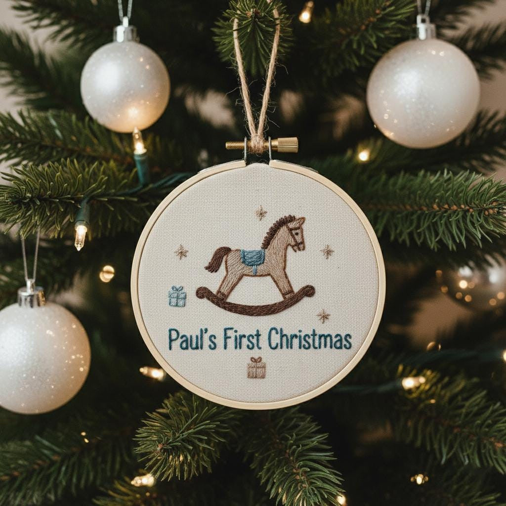 Custom Baby's 1st Christmas Hand Embroidered Ornament, Rocking Horse Handmade Holiday Decor, Personalized Gift for New Baby, Christmas Gift