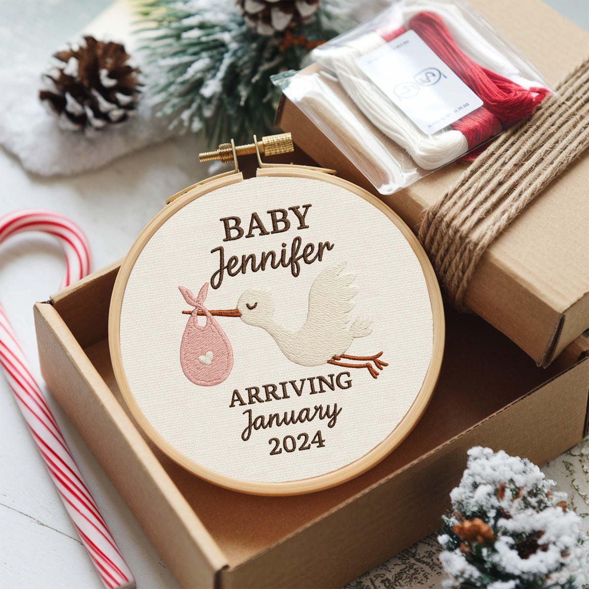 Stork Baby Announcement Embroidered Ornament, Custom Stork Ornament, New Baby Ornament, Baby Birth Announcement Ornament, Pregnancy Reveal