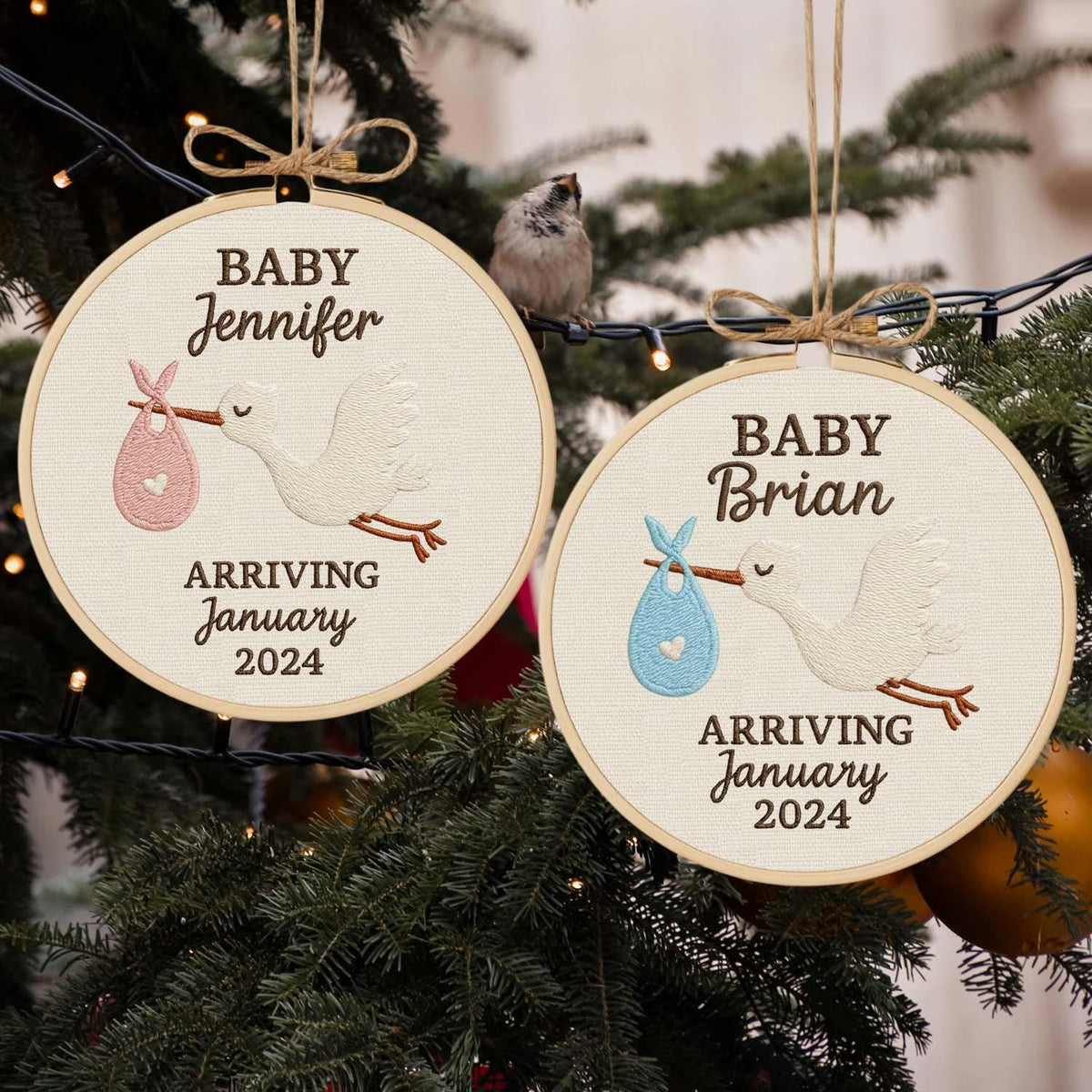 Stork Baby Announcement Embroidered Ornament, Custom Stork Ornament, New Baby Ornament, Baby Birth Announcement Ornament, Pregnancy Reveal