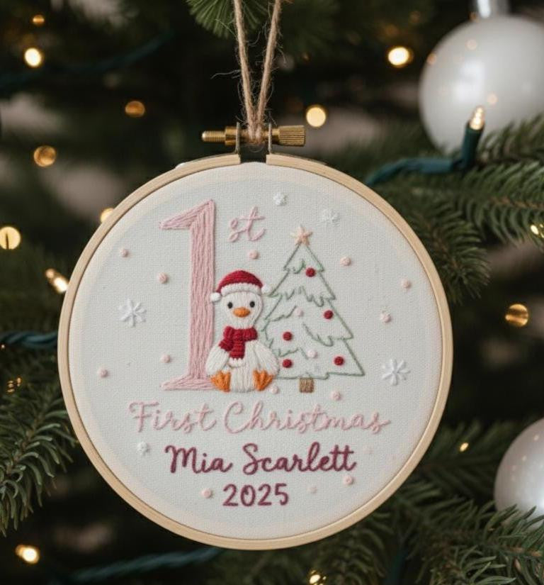 Custom Bunny Baby's First Christmas Hand Embroidered Ornament, Personalized Unique Gift for New Baby, 2025 Christmas Gift, Holiday Decor