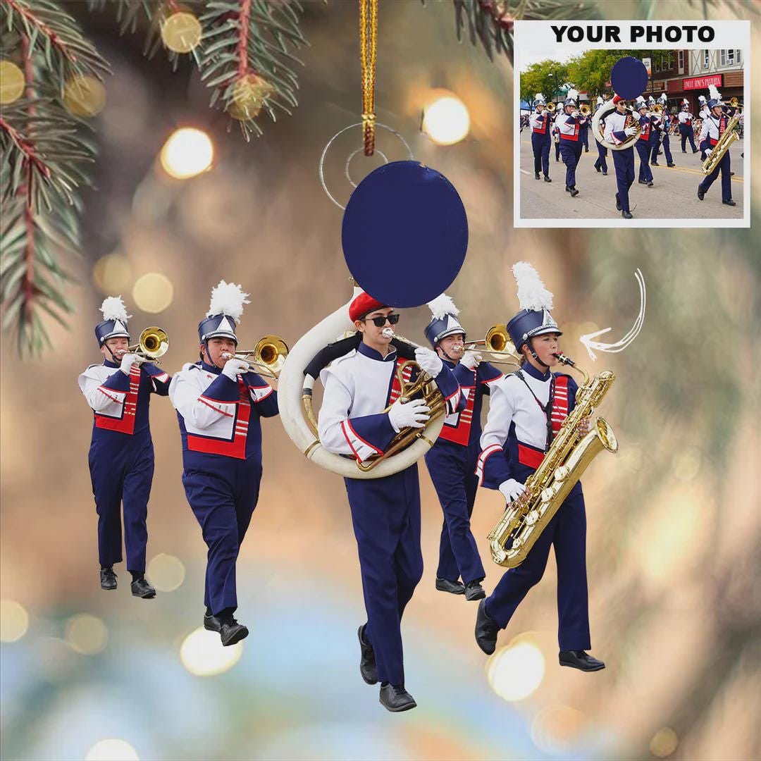 Marching Band Personalized Photo Ornament Gift For Friends, Music Lovers, Uniform Instrument Gift for Musician, High School Band Keepsake