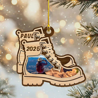 Custom Photo Hiking Boots Christmas Ornament, Personalized Christmas Gift for Men Women, Hiking Lovers, Hiker Christmas Gift, Travel Gift