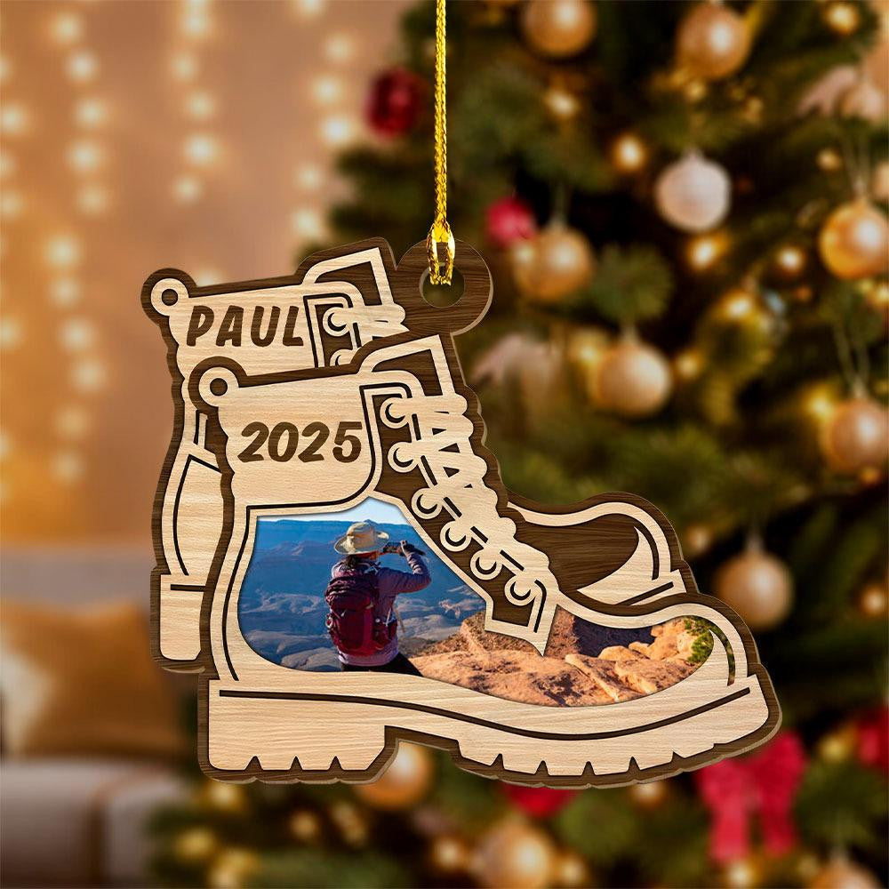 Custom Photo Hiking Boots Christmas Ornament, Personalized Christmas Gift for Men Women, Hiking Lovers, Hiker Christmas Gift, Travel Gift