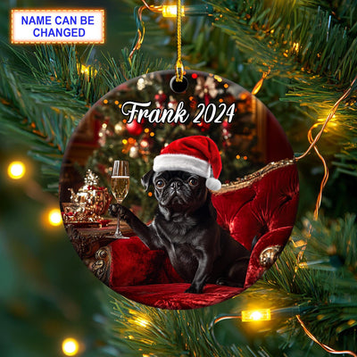 Custom Name Black Pug With Santa Hat Personalized Ceramic Christmas Ornament, Christmas Tree Hanging Decor, Ceramic Round Ornament