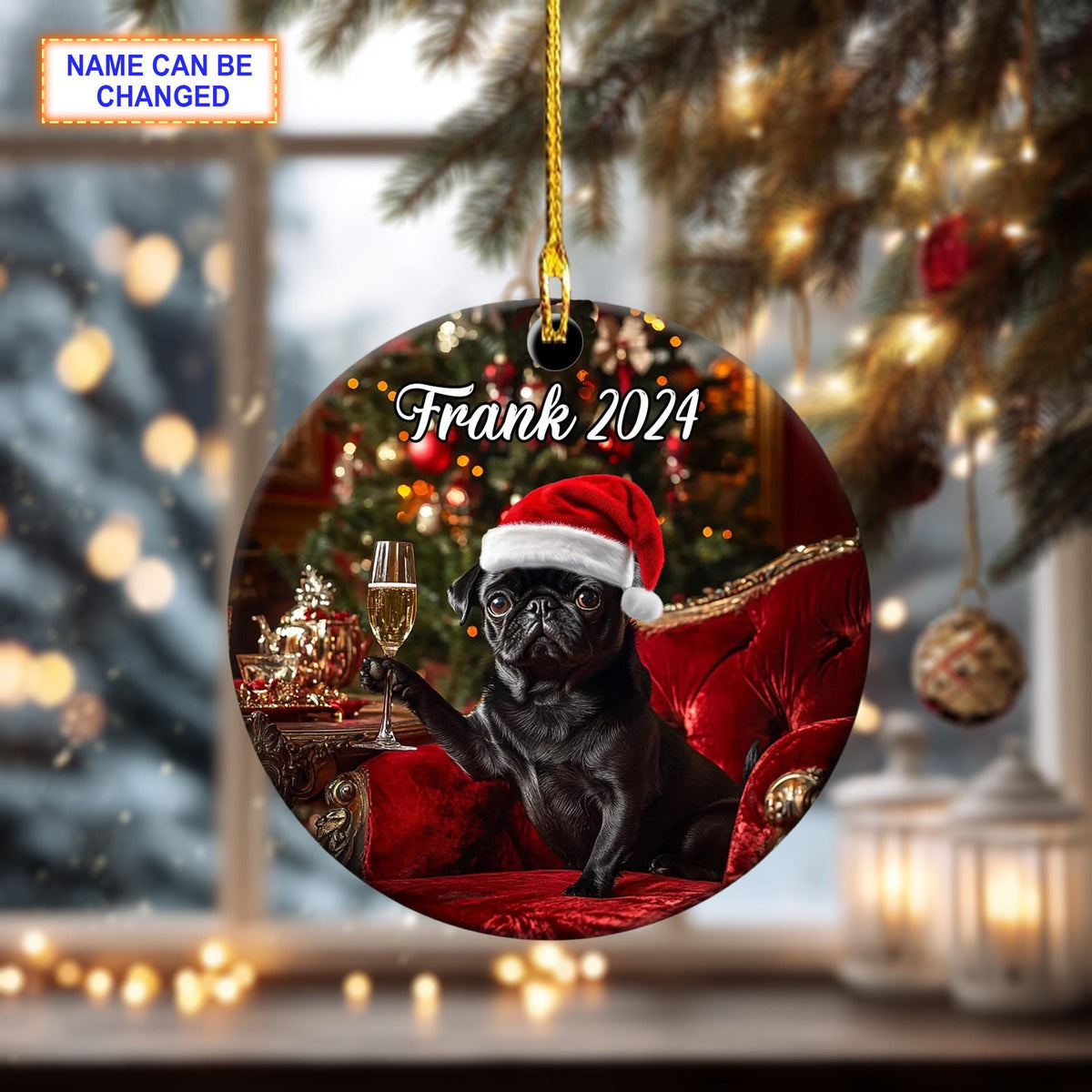 Custom Name Black Pug With Santa Hat Personalized Ceramic Christmas Ornament, Christmas Tree Hanging Decor, Ceramic Round Ornament