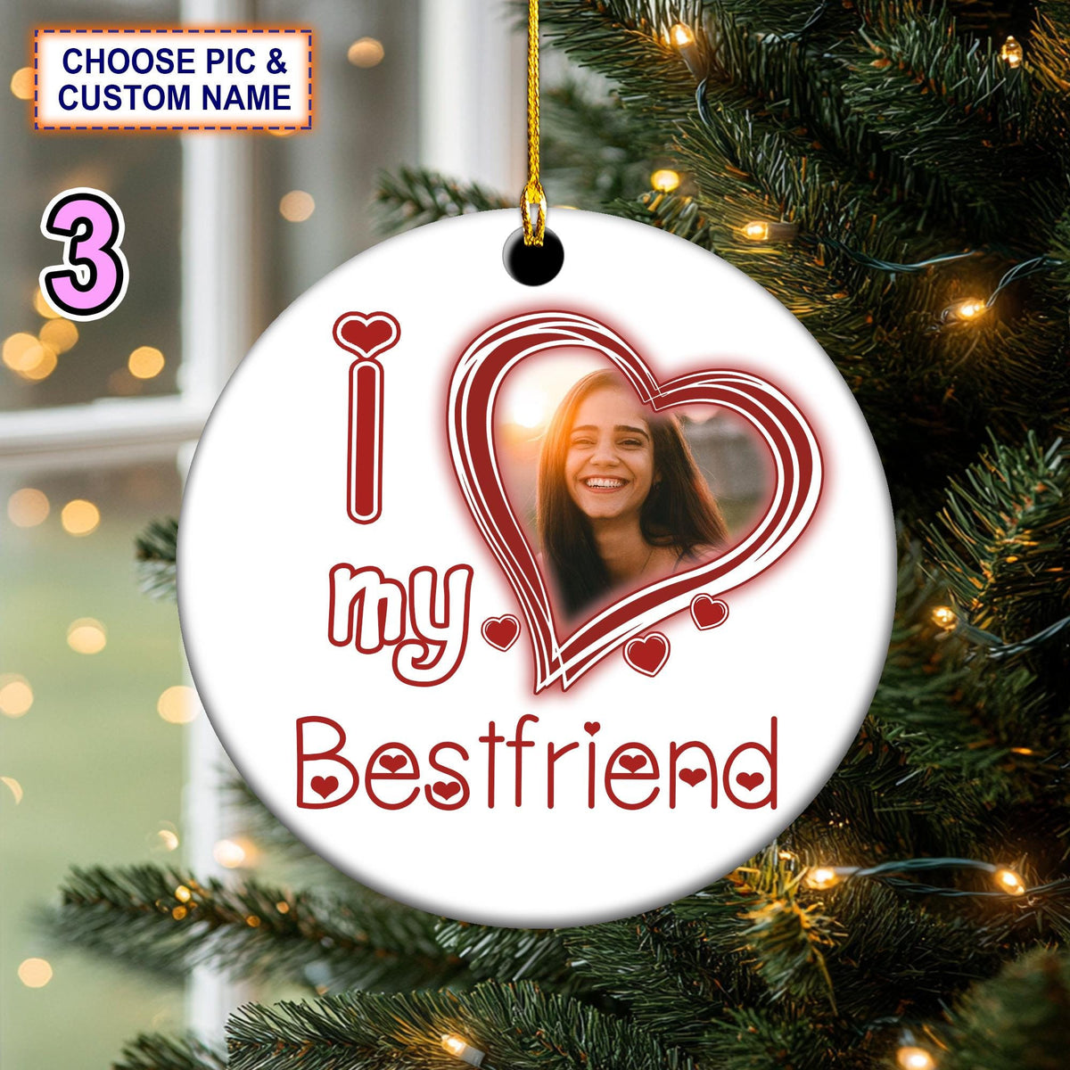 Custom Text And Photo I Love My Boyfriend/ Mom/ Dad Christmas Ornament, Christmas Tree Hanging Decor, Flat 2D Ornament, Ceramic Ornament