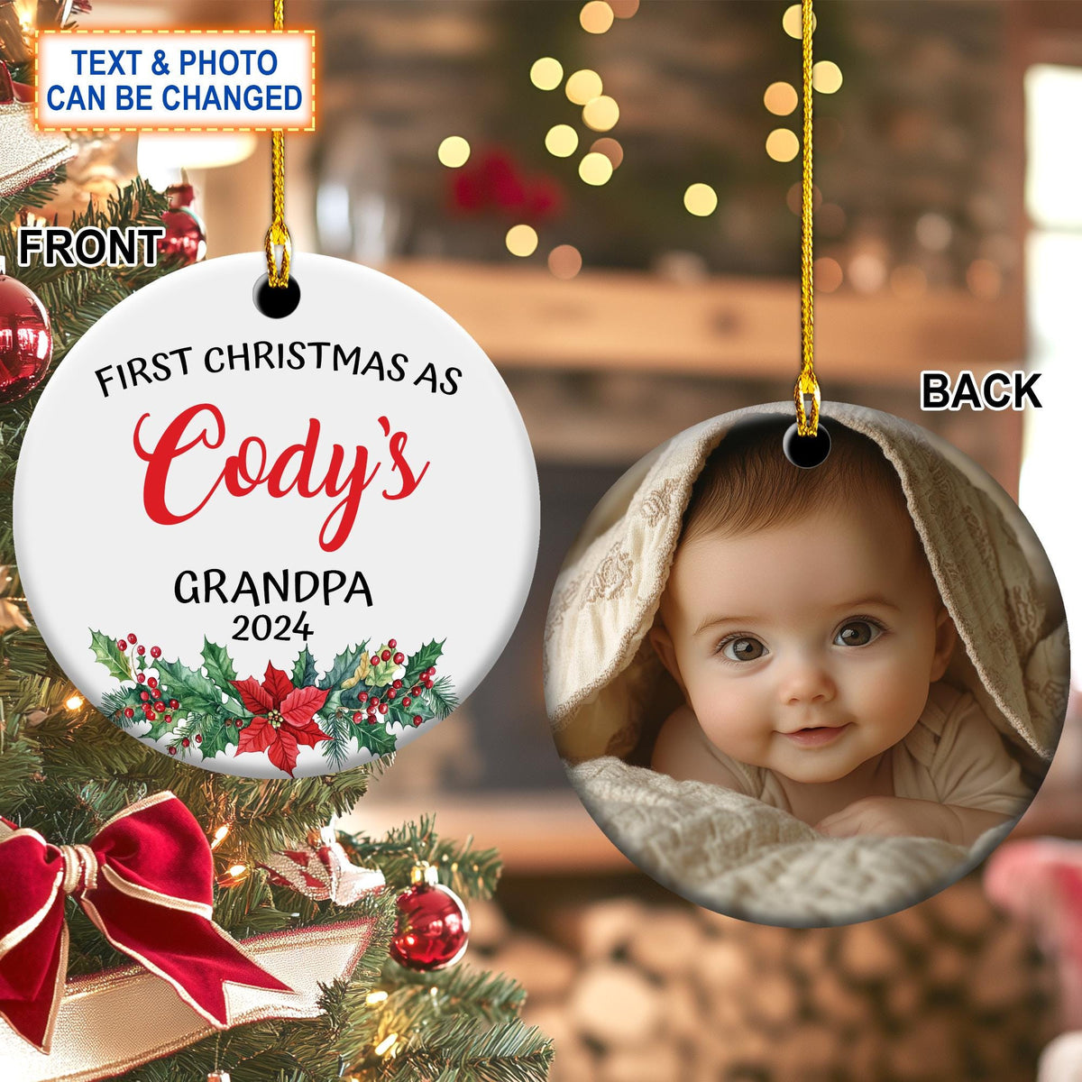 Custom Text & Picture First Christmas As Grandma, Grandpa Christmas Ornament, Christmas Tree Hanging Decor,Flat 2D Ornament,Ceramic Ornament