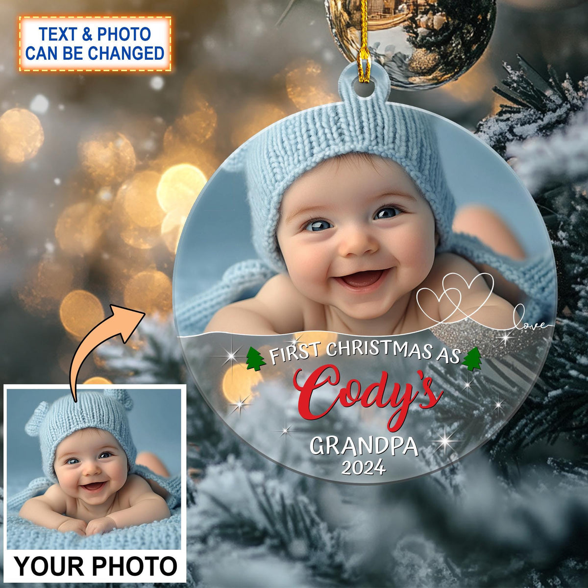 Custom Text And Photo First Christmas As Grandma, Grandpa Christmas Ornament, Christmas Tree Hanging Decor,Flat 2D Ornament,Ceramic Ornament