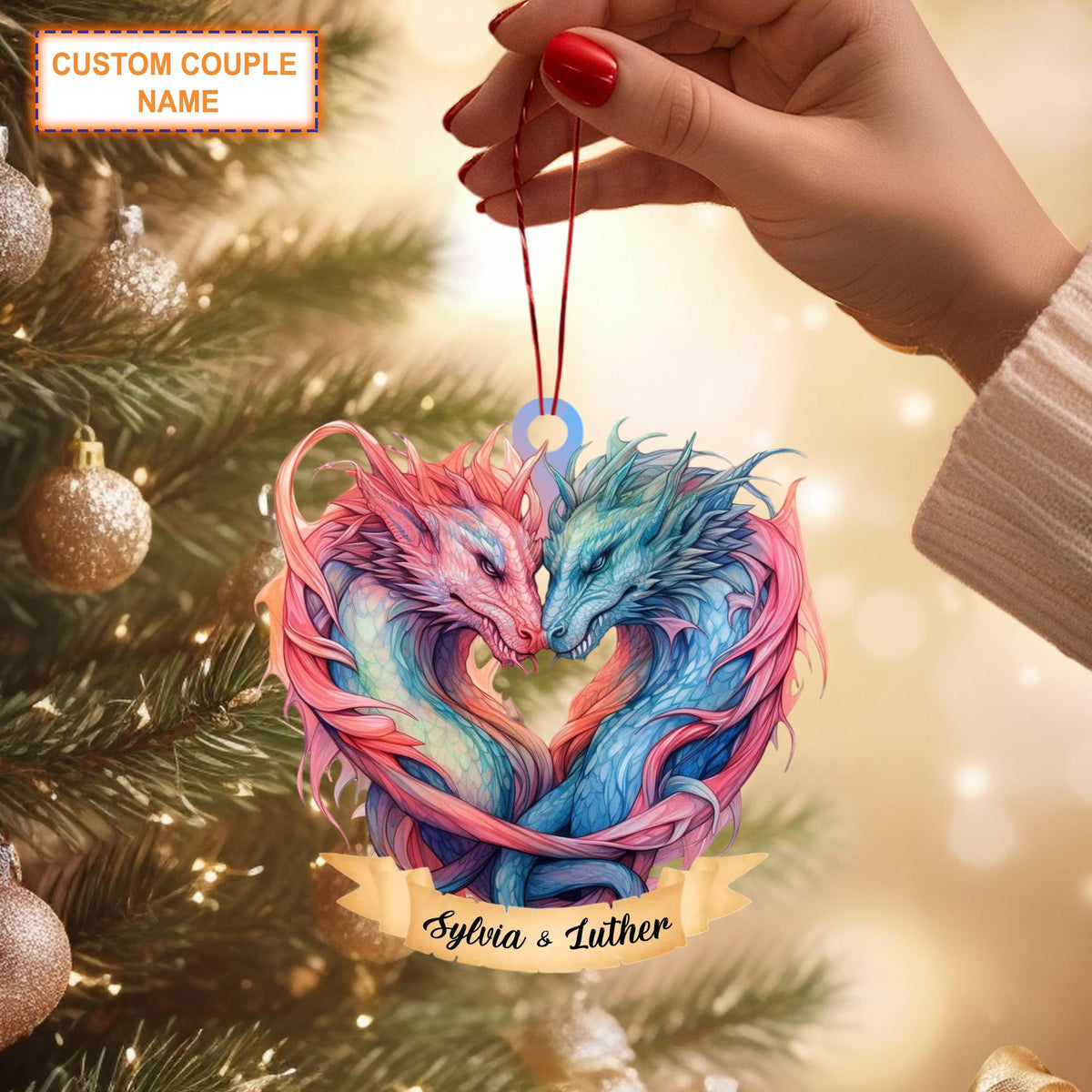 Custom Couple Name Couple Dragon Christmas Ornament, Christmas Tree Hanging Decor, Flat 2D Ornament Acrylic, Dragon Lover Gift