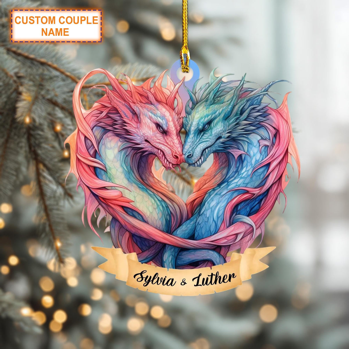 Custom Couple Name Couple Dragon Christmas Ornament, Christmas Tree Hanging Decor, Flat 2D Ornament Acrylic, Dragon Lover Gift
