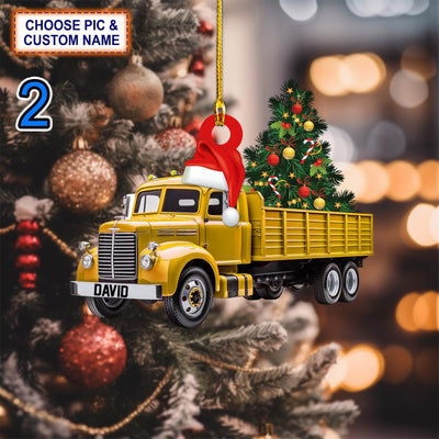 Custom Name Truck Merry Tree Christmas Personalized Ornament, Christmas Tree Hanging Decor, Flat 2D Ornament Acrylic, Trucker Gift