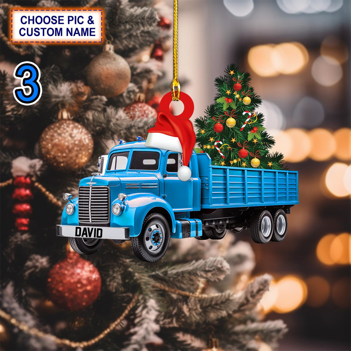 Custom Name Truck Merry Tree Christmas Personalized Ornament, Christmas Tree Hanging Decor, Flat 2D Ornament Acrylic, Trucker Gift