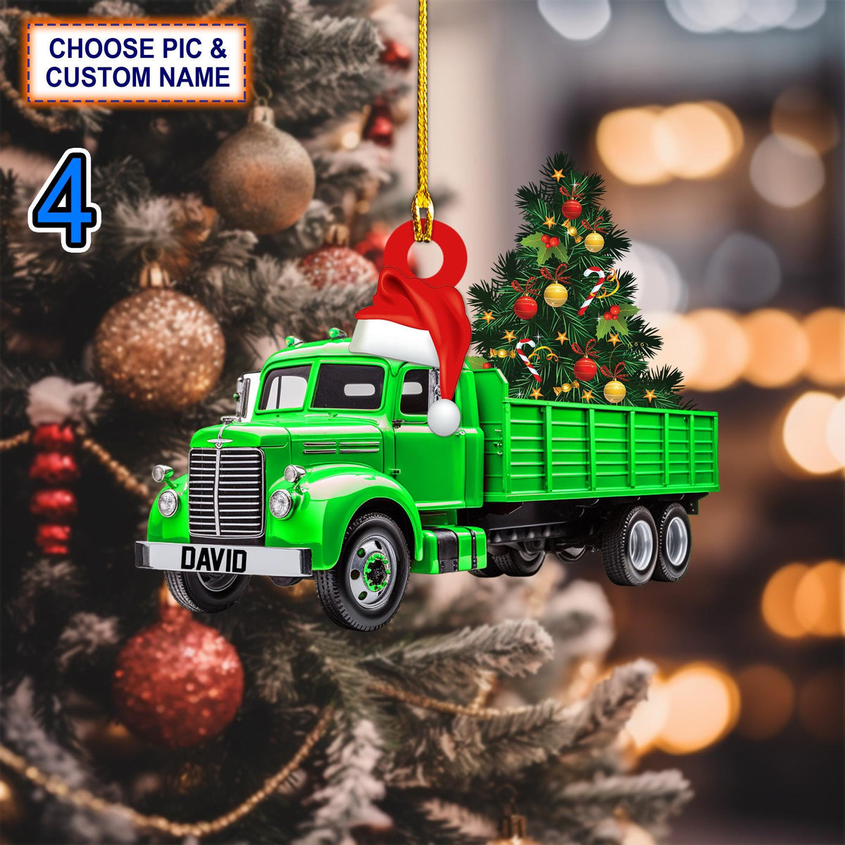 Custom Name Truck Merry Tree Christmas Personalized Ornament, Christmas Tree Hanging Decor, Flat 2D Ornament Acrylic, Trucker Gift