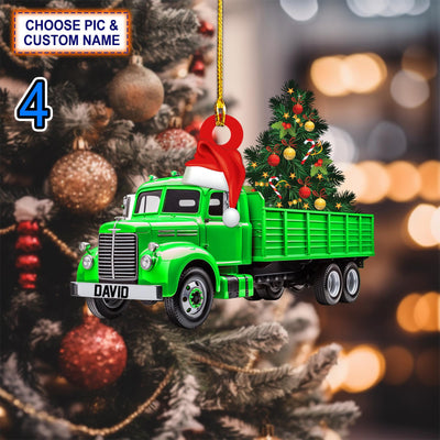 Custom Name Truck Merry Tree Christmas Personalized Ornament, Christmas Tree Hanging Decor, Flat 2D Ornament Acrylic, Trucker Gift