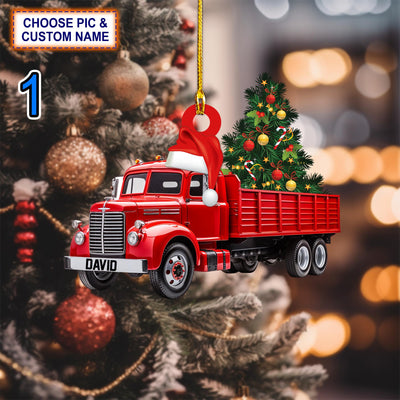 Custom Name Truck Merry Tree Christmas Personalized Ornament, Christmas Tree Hanging Decor, Flat 2D Ornament Acrylic, Trucker Gift