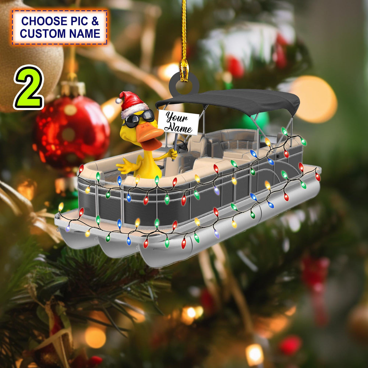 Custom Name Funny Yellow Duckies In Pontoon Boat Personalized Ornament, Christmas Ornament, Hanging Decor, Flat 2D Ornament
